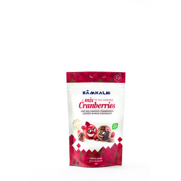 CANDIED BIG CRANBERRIES AND CANDIED BIG CRANBERRIES IN MILK CHOCOLATE MIX, 80G