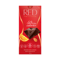 RED DELIGHT NO ADDED SUGAR REDUCED CALORIES DARK CHOCOLATE. WITH SWEETENERS. 100G
