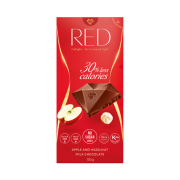 RED DELIGHT NO ADDED SUGAR REDUCED CALORIES MILK CHOCOLATE «RED FRUITS».  WITH SWEETENERS. 100G
